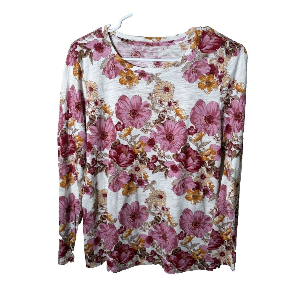 Dept 222 T-Shirt Women's Large Floral Round Neck Long Sleeve Casual Basic Top